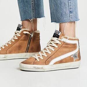 Golden Goose Slide Cognac Leather Shearling Lined High Top Sneakers 38 In Box